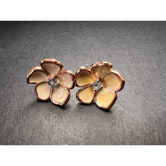 Diamond accent floral enamel earrings in rose gold over sterling silver - Picture 1 of 10